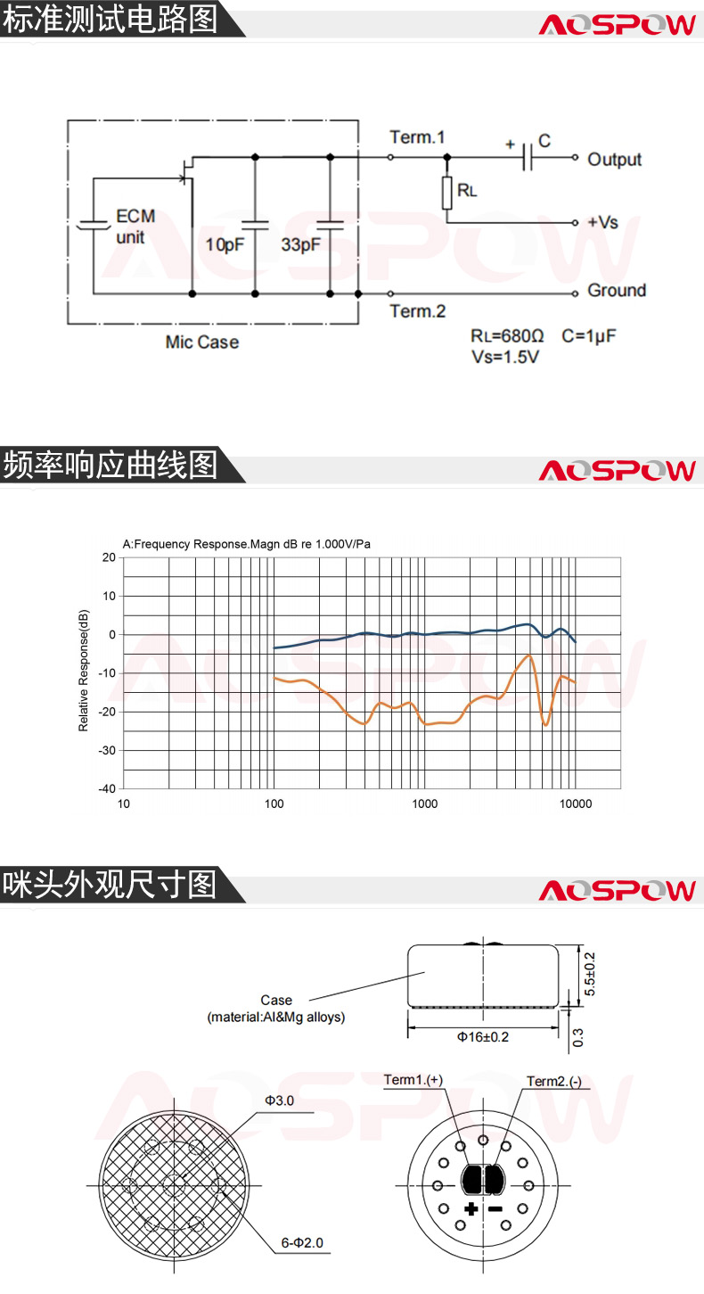 1655大振膜心形咪芯規(guī)格書(shū)尺寸